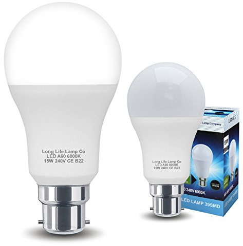 Long Life Lamp Company 2 x 15w GLS LED Light Bulb B22 Bayonet Very Bright 15w Equivalent 135w Cool White A60