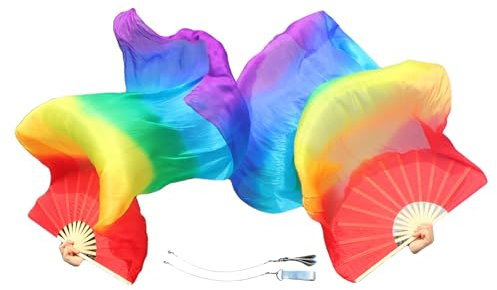 Winged Sirenny 150cm Handgemalt Fächerschleier Voi Paar, Fächer-Poi aus Echte Seide, Orientalischer Tanz Zubehör (regenbogenfarben)