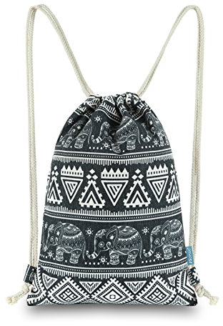 Miomao Kordelzug-Rucksack mit Elefantenmotiv, geometrischer Turnbeutel, Segeltuch, Sporttasche, schwarz (Schwarz) - MDB001E