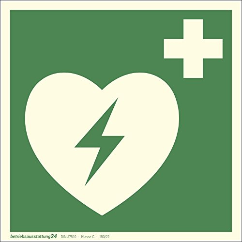 Betriebsausstattung24 Erste-Hilfe-Schild Automatisierter Externer Defibrillator (AED) - selbstklebende Folie, langnachleuchtend 15 x 15 cm - ASR A1.3 ISO 7010 E010 - DIN 67510 Klasse C