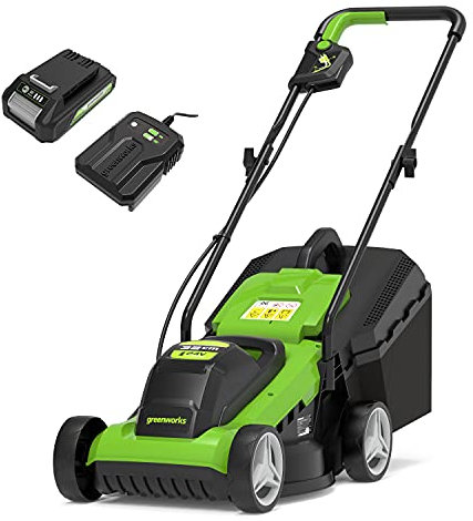 Greenworks Tools Cortacésped con batería G24LM33K2 (Li-Ion 24V 33cm ancho corte hasta 150m² 30L bolsa recolectora, ajuste central altura corte triple incluyendo batería 2Ah y cargador)