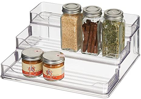 mDesign Gewürzregal – praktischer Küchenorganizer mit 3 Ebenen aus Kunststoff – Gewürzhalter zur Aufbewahrung von Gewürzen und Anderen abgepackten Lebensmitteln – transparent