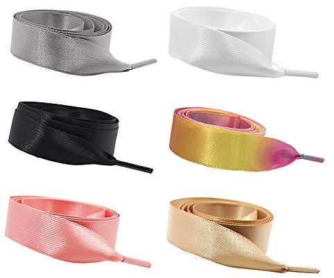 Jurxy 6 Paires Ruban de Soie Lacets de Chaussures Plat à Lacets Satin de Dentelle pour Chaussures Bricolage 1.2M - Noir/Blanc/Curcuma/Rose Corail/Gris argenté/Rose Arc-en-Ciel