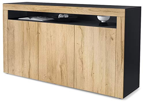 Vladon Buffet Valencia, Commode avec 3 Portes et 1 Compartiment Ouvert, Noir Mat/chêne Nature/chêne Nature (155 x 92 x 40 cm)