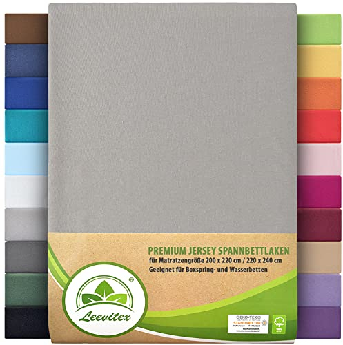 leevitex® Premium Wasserbett & Boxspringbett Spannbettlaken | Spannbetttuch | 200 x 220 bis 220 x 240 | 97% Mako-Jersey-Baumwolle | 3% Elastan | Grau | 195 g/m²
