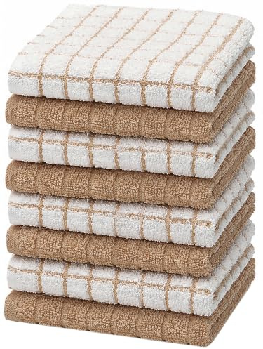 Bumble Premium Cotton Dish Cloths (12 x 12) Tan Check Design | Highly Absorbent, Natural Ring Spun Cotton | Kitchen Dish Towel Set | 380 GSM - 8 Pack | 405 GSM | Soft, Highly Absorbent & Durable Dish Towels for Kitchen