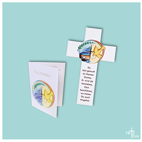 FRITZ COX® - Holzkreuz zur Taufe - perfektes Taufgeschenk (15cm, weiß, mit Taufbrief)