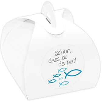 24 x Kartonagen + Aufkleber 'Fische' Gastgeschenke Set für Taufe, Kommunion, Konfirmation (Schön, dass du da bist! - blau)