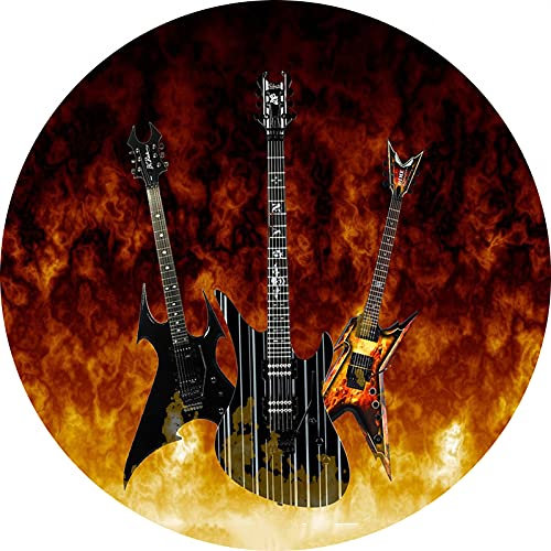 Runder Teppich Retro Salon Musik Schallplatte Flamme Gitarre Bodenmatte Eingangstür Rutschfeste Carpet Wohnzimmer Schlafzimmer Esszimmer Tisch Flur Teppich Hocker Stuhlmatten (Multi 4,160cm/63in)