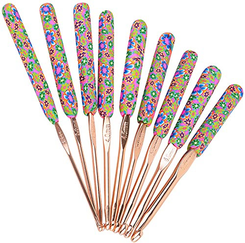 Coopay Crochet Hooks for Arthritic Hands, Crafted Metal Crochet Hook Set Soft Grip, Crochet Hooks with Long Ergonomic Clay Handle, UK Size Crochet Needles for Amigurumi Wool Projects, Beginner Gift