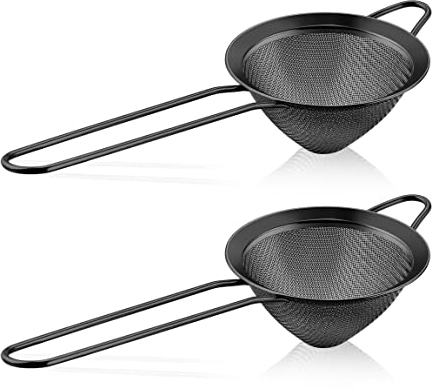 LIANYU Juego de 2 coladores de malla fina de acero inoxidable con mango largo, colador cónico de metal de 3.3 pulgadas para colar cóctel tamizar harina y filtrar café, a prueba de óxido, negro