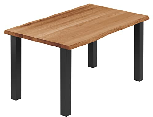 LAMO Manufaktur Esstisch Küchentisch Schreibtisch Couchtisch aus Massivholz, mit Baumkante 140x60x76 cm (AxBxH), Classic, Dunkel/Schwarz, LNB-01-A-004-9005Cl