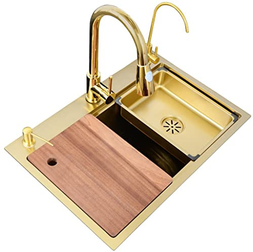 Kitchen Sink Fregaderos De Cocina, Acero Inoxidable 304 Dorado, Grifo Extraíble De Un Solo Fregadero, Instalación Empotrada O Bajo Encimera, Fregadero Cepillado para Preparación De Barras