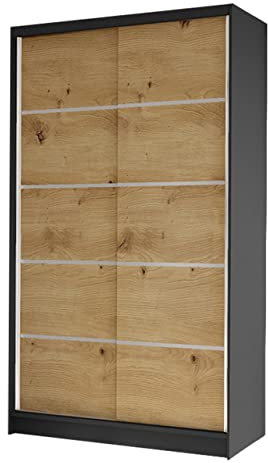 Mirjan24 Kleiderschrank Camtalo IV, Schwebetürenschrank, Garderobenschrank mit Kleiderstange und Einlegeboden, Schlafzimmerschrank, Dielenschrank (schwarz/Artisan Eiche)