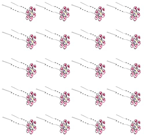 ZOUIQSS 20 horquillas para el pelo (rosa) con flores de cristal y estrás, para novia, boda, mujer, accesorios para el cabello, con recipiente transparente