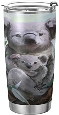 JUMBEAR Bicchiere con coperchio e cannuccia, 600 ml, in acciaio inox Loving Koala, isolato sotto vuoto, per acqua e caffè, tazza termica da viaggio a prova di fuoriuscite, per bevande calde e fredde
