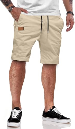 JMIERR Shorts Herren Sommer Freizeit Chino Stretch Baumwolle Elastische Taille mit Taschen Beige L