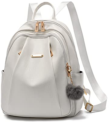 NICOLE & DORIS Women's Fashion Backpacks Large Rucksack Waterproof Casual Daypacks Multi Pocket Anti-theft Backpack PU Leather School Bags with Pompom Charm White