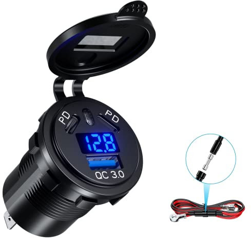 Kewig 12 V USB C Socket Car Ladegerät Dual 45 W PD Typ C & 18 W QC3.0 USB mit digitalem Voltmeter und Wechseln Sie Mobiltelefon Schnellladung wasserdicht für Autoboot Motorrad