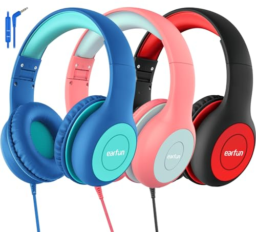 EarFun Kinder Kopfhörer 3er-Pack, Kopfhörer Kinder mit Kabel, 85/94dB Lautstärkenbegrenzer, Faltbare, Einstellbar, Stereo Sound, HD-Mikrofon, Audio-Sharing, Over Ear Kinderkopfhörer für Schule/Reise