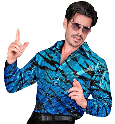 W WIDMANN Milano Party Fashion - Pailletten Hemd Herren | Langarm, glänzendes Disco Outfit für Karneval, Festival, Mottoparty und 70er / 80er Jahre Events