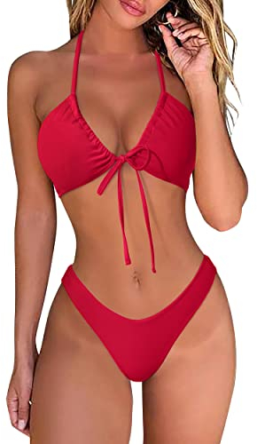 DOULAFASS Bikini sexy pour femme - Style brésilien - Taille basse - String triangle - 2 pièces, #1 rouge., S