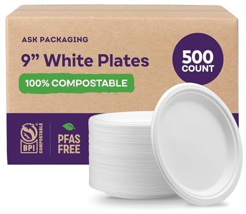Paper Plates 9 Inch [500 Count] – 100% Compostable Bagasse Plates | Heavy Duty White Sugarcane Plate, Eco-Friendly, Biodegradable, Plastic-Free Disposable Plate for Parties, Catering & Events