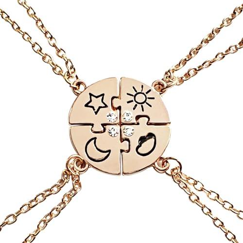 TJUSPIRIT Freundschaftskette für 4, Best friends Partnerketten Halskette Damen Freundschaftskette Bff Ketten für 4 Mädchen, Sonne Sternen Mond Wolken Kristall Anhänger Gold Kette für Schwestern