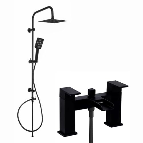 ENKI, Plaza, BBT0273, Matte Black Square Waterfall Bath Shower Mixer Tap with Rigid Riser Shower Rail Kit, Square Ultra Slim Shower Head