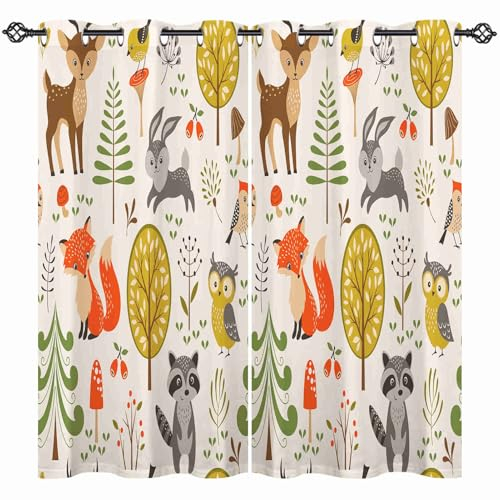 ANHOPE Tier Fuchs Kaninchen Eule Blickdichte Gardinen mit Ösen Thermo Vorhänge Kinder Jungen Mädchen Vorhang Blackout Curtain Wohnzimmer Schlafzimmer Verdunklungsvorhänge 2er Set H 138 x B 107 cm