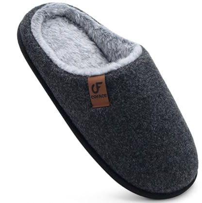 COFACE Pantofole da Uomo Invernali, Calde Feltro Ciabatte Comoda Memory Foam Scarpe da Casa in Lana con Suola Antiscivolo in Gomma Nero Taglia 44