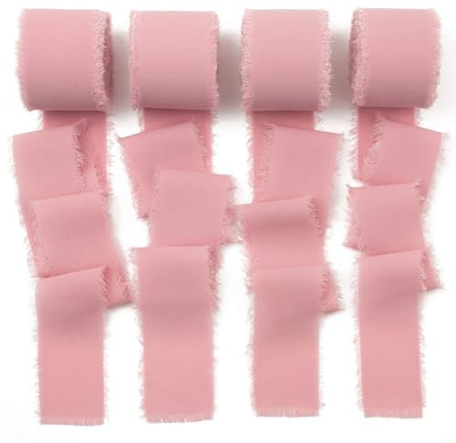 Mlurcu Chiffonband mit Dusty Rose, 3,8 cm, Boho, ausgefranst, handgefertigt, Fransenband, Chiffon, Seidenband, Dusty Rose Band für Hochzeitseinladung, Brautblumenstrauß, Geschenkverpackung