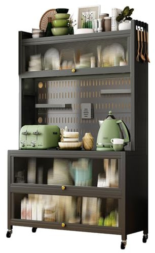 MOOTACO 5 Tier Kitchen Storage Cabinet,Multi-functional Storage Cabinet with Semi-Transparent Flip Door,2 Types For Footbed Options,Kitchen,Dining Room,Living Room and Study,Black
