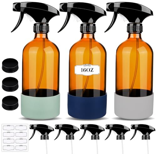 ZENOWICK 3 Pack/16 Oz Glass Spray Bottles, Refillable Empty Containers with Silicone Sleeve, Upgraded Adjustable Nozzle Spray Bottle Sets for Cleaning, Essential Oils, Hair (Amber)