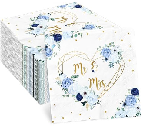 Mr and Mrs Brautparty-Nakpins, blaue und weiße Blumen, Herzen, geometrische Party-Servietten, 48 Stück, für Paare, Hochzeit, zukünftige Braut, Verlobung, Party-Dekoration