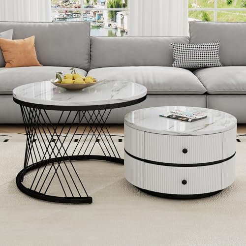 RanRan Elegantes 2-teiliges, weißes Couchtisch-Set in Nestform, 60x60x46cm & 50x50x31cm, runde Tische mit hochglänzender Marmoroptik, 2 Schubladen,Nesting-Kombination Couchtisch (Weiβ+Schwarz)