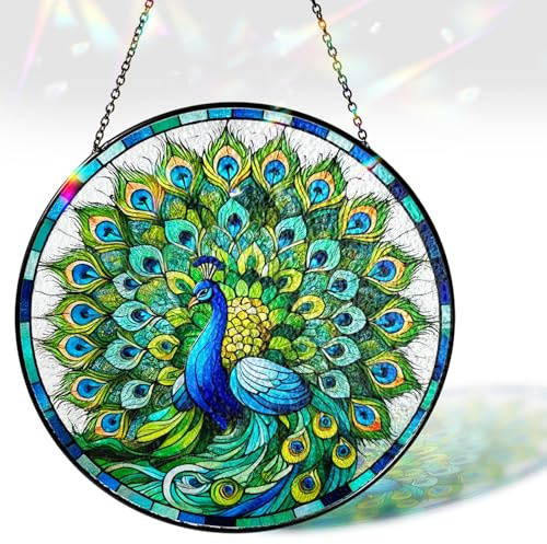 ANI-07A-SG8 Sonnenfänger aus Buntglas, Wandkunst, Dekoration, exotische Vögel, Sonnenfänger, Fenster, Garten für Tiere, Pfauenliebhaber, Frauen, Oma, Mutter, Natur-Thema, bemalte Glasscheibe, 19,8 cm