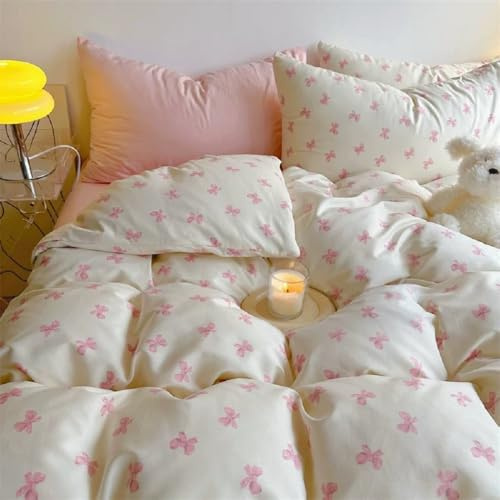 Lanqinglv Girls Duvet Cover Set Double Size, Pink Bow Bedding Set Princess Style Bowknot Comforter Duvet Cover 200x200 cm with Zipper Closure and 2 Pillowcases 50x75 cm