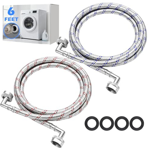 Otoolling 2 Pack 6ft Stainless Steel Washing Machine Hose with Double 90 Degree Elbow for Tight Spaces Proof Hot and Cold Water Supply Hoses 3/4 FHT Connectors for Wash Machines