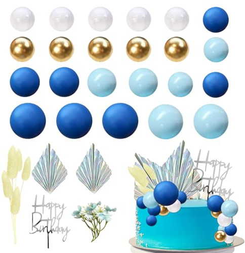Blue Gold Cake Balls Decoration, Cake Balloons, Ball Cake Toppers with Flowers and Palm Fan, Boho Palm Leaves Cupcake Toppers for Wedding Party Anniversary(Blue Gold, 32Pcs)