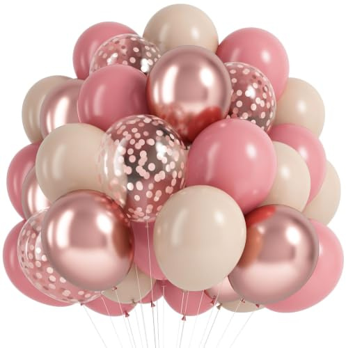 QIFU Palloncini Rosa Beige, 12 Pollici Palloncini Compleanno Beige Rosa Palloncini Oro Coriandoli Per Birthday Compleanno Anniversario Matrimonio Fidanzamento Festa Ragazza Baby Shower San Valentino
