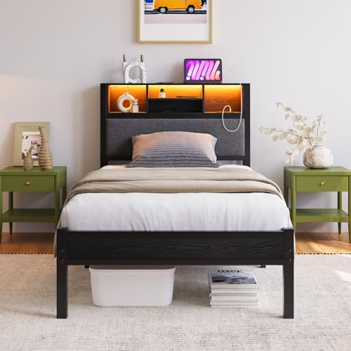 MUZERUL Bett 90x200 cm Einzelbett, Metall Bettgestell mit LED und Ladestation, Bettgestell Jugendbett 90x200 mit offenen Regalen Stauraum Kopfteil, Robustes Metallbett Schwarz mit Bettkasten