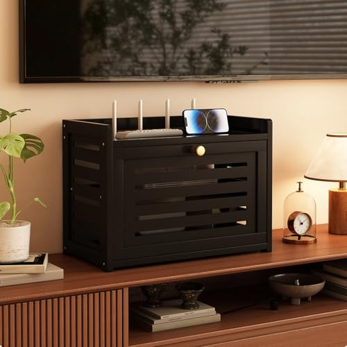 HPIRFYE Double Layer WiFi Router Storage Cabinet Shelf Organizer WiFi Router Hidden Box For Modem,Power Strip And Cable Management Hider Organizer,For Bedrooms,Living Rooms(Black,30.5 * 20 * 28cm)