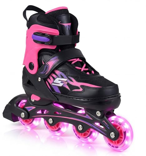 FANTASK Rollschuhe Kinder verstellbar, Inline Skates mit 4 Größen & leuchtenden Rädern, Inliner für Jungen, Mädchen & Anfänger, geeignet für drinnen & draußen (Rosa)