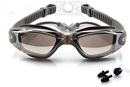 Gafas de natación con tapones para los oídos de Beeway® para adultos y niños mayores de 8 años, sin fugas, antivaho, protección UV, incluye caja, clip nasal y tapones para los oídos, plata