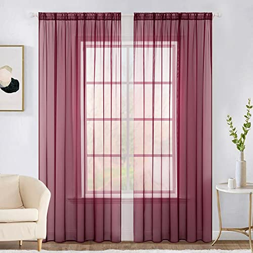 MIULEE 2er Set Voile Vorhang Transparente Gardine Polyester Stangendurchzug Transparent Wohnzimmer Luftig Dekoschal Weihnachtsdekoration für Schlafzimmer rot 225 x 140cm (H x B),Rod Pocket