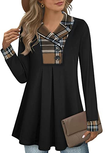 Gaharu Damen-Tunika mit Kerbkragen, schwingend, Pullover, mit Knöpfen, lange Ärmel, Shirt, Oberteile