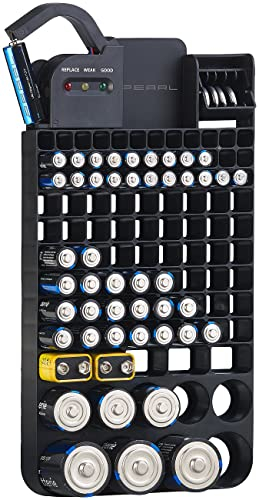 PEARL Batterienbox: 2in1-Batterie-Organizer für 110 Batterien, mit Batterie-Tester (Batterien Aufbewahrung, Akkubox, Aufbewahrungsbox)