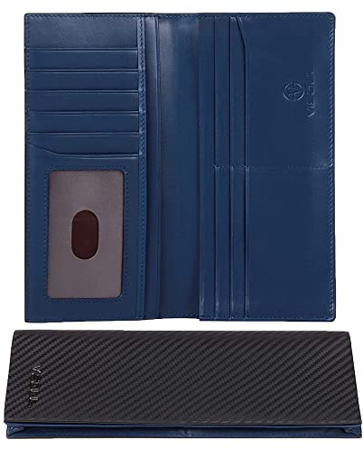 VISOUL Echtleder Geldbörse echtes Vintage Leder XXL Langes Portemonnaie Kreditkartenetui Herren Geldbeutel RFID Schutz Portemonnaie Brieftasche Wallet Portmonee Carbon Blau