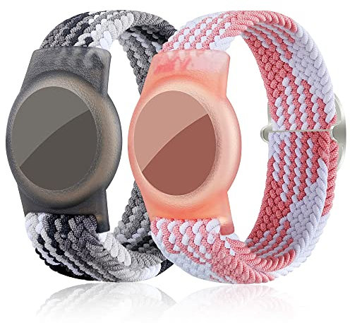 Kinderarmband für AirTag, 2er Pack Airtag Armbänder kompatibel mit AirTag Koffern, Verstellbarer Schützende Hülle für GPS Tracker Fall Uhrenarmband Radius 4,5 bis 7,2 Zoll(Weiß Schwarz+Weiß Rosa).